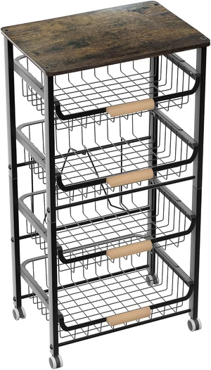 5Tier Kitchen Storage Cart, Stackable PullOut Hollow Metal Fruit Basket Organizer with Wooden Desktop, Wheeled Mobile Spice Food Sorting Rack, Black 5Tier Kitchen Storage Cart, Stackable PullOut Hollow Metal Fruit Basket Organizer with Wooden Desktop, Wheeled Mobile Spice Food Sorting Rack, Black