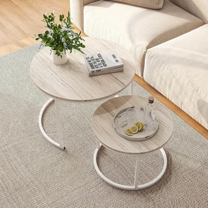 Set of 2 Round Nesting Coffee Tables, Stackable Side Tables with Wood Tabletop, Sturdy Steel Legs for Small Space Home Living Room Office, Oak and White Finish, Large Size Set of 2 Round Nesting Coffee Tables, Stackable Side Tables with Wood Tabletop, Sturdy Steel Legs for Small Space Home Living Room Office, Oak and White Finish, Large Size