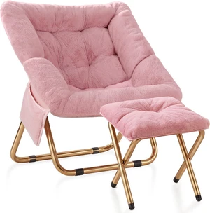 Foldable Saucer Lounge Chair, Soft Faux Fur Reading Chair for Bedroom Living Room, Oversized Comfort Seat for Adults Teens, Pink XLarge Size Foldable Saucer Lounge Chair, Soft Faux Fur Reading Chair for Bedroom Living Room, Oversized Comfort Seat for Adults Teens, Pink XLarge Size
