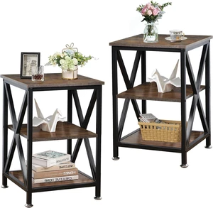 Set of 2 Square Rustic Brown End Tables, Wood and Metal Side Tables with Storage Shelf, XShaped Steel Frame Farmhouse Nightstand for Living Room, 16" D x 16" W x 24" H Set of 2 Square Rustic Brown End Tables, Wood and Metal Side Tables with Storage Shelf, XShaped Steel Frame Farmhouse Nightstand for Living Room, 16" D x 16" W x 24" H