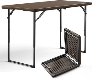4FT Heavy Duty Fold-in-Half Plastic Folding Table with Handle, Adjustable Height Portable Utility Table for Indoor/Outdoor Dining, Party, Camping, Picnic, Wedding, Brown 4FT Heavy Duty Fold-in-Half Plastic Folding Table with Handle, Adjustable Height Portable Utility Table for Indoor/Outdoor Dining, Party, Camping, Picnic, Wedding, Brown