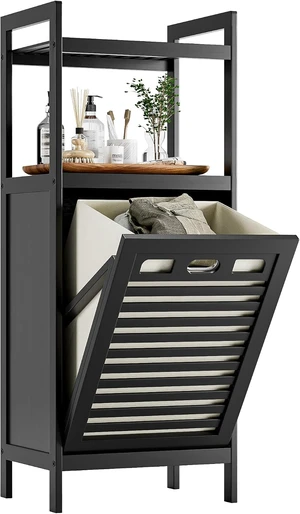 TiltOut Bamboo Laundry Hamper Cabinet, Freestanding Unit with 2Tier Open Shelves, 10 Gallon Removable Fabric Bag with Metal Handle, Black for Bathroom Laundry Room Small Spaces TiltOut Bamboo Laundry Hamper Cabinet, Freestanding Unit with 2Tier Open Shelves, 10 Gallon Removable Fabric Bag with Metal Handle, Black for Bathroom Laundry Room Small Spaces