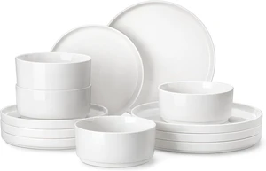 12-Piece Modern White Porcelain Dinnerware Set for 4, Chip & Scratch Resistant Ceramic Plates and Bowls Set, High Temperature Fired Stackable Dining Ware, Microwave Dishwasher Safe Kitchen Tableware 12-Piece Modern White Porcelain Dinnerware Set for 4, Chip & Scratch Resistant Ceramic Plates and Bowls Set, High Temperature Fired Stackable Dining Ware, Microwave Dishwasher Safe Kitchen Tableware