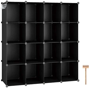 16 Cube Modular Storage Organizer, Black Stackable Plastic Cube Shelf Unit with Metal Frame and ABS Connectors, DIY Freestanding Closet Storage System for Home Bedroom Office, 48.4 x 12.4 x 48.4 Inch 16 Cube Modular Storage Organizer, Black Stackable Plastic Cube Shelf Unit with Metal Frame and ABS Connectors, DIY Freestanding Closet Storage System for Home Bedroom Office, 48.4 x 12.4 x 48.4 Inch