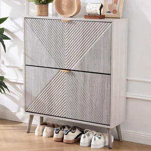 Shoe Cabinet with 2 Flip Drawers, Freestanding Shoes Organizer for Entryway | Modern Shoes Storage Cabinet with 4 Wooden feet, Hidden Narrow Shoe Rack Cabinet for Foyer, Hallway, Mudroom, Grey Shoe Cabinet with 2 Flip Drawers, Freestanding Shoes Organizer for Entryway | Modern Shoes Storage Cabinet with 4 Wooden feet, Hidden Narrow Shoe Rack Cabinet for Foyer, Hallway, Mudroom, Grey
