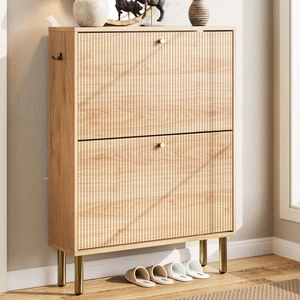 Shoe Storage Cabinet for Entryway - Flip Shoe Cabinet with Tiered Fluted Design - Slim Shoe Storage Rack with Gold Legs - Narrow Shoe Cabinet Hidden Shoe Organizer for Small Spaces Shoe Storage Cabinet for Entryway - Flip Shoe Cabinet with Tiered Fluted Design - Slim Shoe Storage Rack with Gold Legs - Narrow Shoe Cabinet Hidden Shoe Organizer for Small Spaces