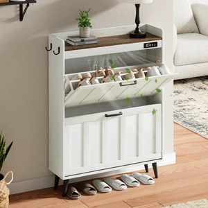 Shoe Storage Cabinet with 2 Flip Drawers for Entryway | Shoe Organizer Storage with Deodorizer, Freestanding Hidden Slim Narrow Shoe Rack Cabinet, Antique White & Brown Shoe Storage Cabinet with 2 Flip Drawers for Entryway | Shoe Organizer Storage with Deodorizer, Freestanding Hidden Slim Narrow Shoe Rack Cabinet, Antique White & Brown