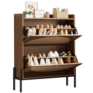 Rattan Shoe Cabinet Storage with 2 Flip Drawers, Walnut | Free Standing Wooden Shoe Storage Organizer Cabinet with Rattan Doors for Entryway, Narrow Shoe Rack Cabinet Rattan Shoe Cabinet Storage with 2 Flip Drawers, Walnut | Free Standing Wooden Shoe Storage Organizer Cabinet with Rattan Doors for Entryway, Narrow Shoe Rack Cabinet