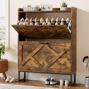 Shoe Storage Cabinet with 2 Flip Drawers, Freestanding Wood Shoe Organizer with Metal Legs, Farmhouse Slim Shoe Rack for Entryway, Foyer, Hallway, Rustic Brown Shoe Storage Cabinet with 2 Flip Drawers, Freestanding Wood Shoe Organizer with Metal Legs, Farmhouse Slim Shoe Rack for Entryway, Foyer, Hallway, Rustic Brown