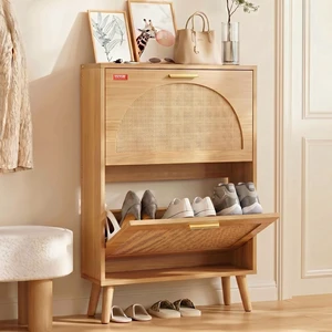 Shoe Cabinet with 2 Flip Drawers, Shoe Storage Cabinet for Entryway, Free Standing Shoe Storage Organizer with Rattan Doors for Heels, Boots, Slippers in Hallway, Living Room Shoe Cabinet with 2 Flip Drawers, Shoe Storage Cabinet for Entryway, Free Standing Shoe Storage Organizer with Rattan Doors for Heels, Boots, Slippers in Hallway, Living Room