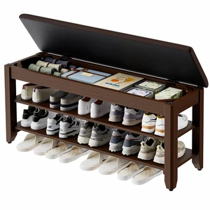 39.4" Wide Solid Wood Shoe Rack Bench with Flip-Top Storage | 2-Tier Entryway Bench with Cushion, Adjustable Shelf, Holds Up to 10 Pairs, for Hallway, Bedroom and Closet, Walnut 39.4" Wide Solid Wood Shoe Rack Bench with Flip-Top Storage | 2-Tier Entryway Bench with Cushion, Adjustable Shelf, Holds Up to 10 Pairs, for Hallway, Bedroom and Closet, Walnut