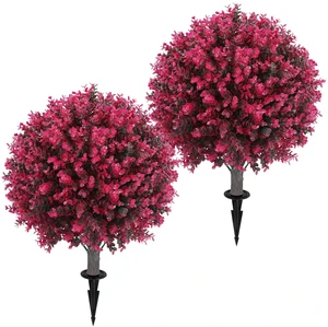 Set of 2 Artificial Red Eucalyptus Topiary Ball Tree,24" with Ground Spike | Realistic Faux Boxwood Bushes,Fake Evergreen Plant,for Indoor Outdoor Porch Garden-UV Resistant-Fade-Proof-Maintenance Set of 2 Artificial Red Eucalyptus Topiary Ball Tree,24" with Ground Spike | Realistic Faux Boxwood Bushes,Fake Evergreen Plant,for Indoor Outdoor Porch Garden-UV Resistant-Fade-Proof-Maintenance