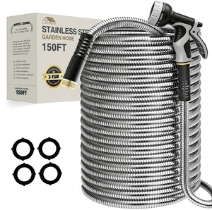 150ft Stainless Steel Garden Hose with 10 Function Spray Nozzle | No Kink, Leak-Proof, Crush Resistant, Upgraded Protective Rubber Sleeve, for Lawn Care, RV Camp, Long-Distance Yard Watering 150ft Stainless Steel Garden Hose with 10 Function Spray Nozzle | No Kink, Leak-Proof, Crush Resistant, Upgraded Protective Rubber Sleeve, for Lawn Care, RV Camp, Long-Distance Yard Watering