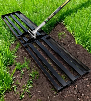 Lawn Leveling Rake, 48" x 10", Heavy Duty Steel Lawn Leveler | 2mm reinforced steel resists bending. Powder-coated rust protection. Easy 3-piece assembly. Lifetime replacement guarantee. Lawn Leveling Rake, 48" x 10", Heavy Duty Steel Lawn Leveler | 2mm reinforced steel resists bending. Powder-coated rust protection. Easy 3-piece assembly. Lifetime replacement guarantee.