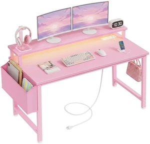 Girls Desk with Power Outlets and LED Lights, 40 Inch Gaming Desk Table with Charging Station, Home Office Computer Desks with Monitor, Pink Girls Desk with Power Outlets and LED Lights, 40 Inch Gaming Desk Table with Charging Station, Home Office Computer Desks with Monitor, Pink