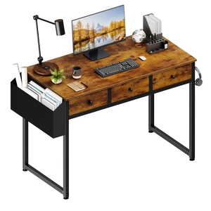 40 Inch Desk with Drawers for Bedroom - 39 Inch Home Office Desks with 3 Fabric Storage Drawer and Pocket, Study Writing Table Rustic Computer Desk, Vintage Brown 40 Inch Desk with Drawers for Bedroom - 39 Inch Home Office Desks with 3 Fabric Storage Drawer and Pocket, Study Writing Table Rustic Computer Desk, Vintage Brown