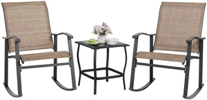 Rocking Chair Outdoor with Table, 3 Piece Rocking Patio Bistro Set, Outdoor Furniture Set with Metal Frame and Textilene Fabric for Small Space, Brown Rocking Chair Outdoor with Table, 3 Piece Rocking Patio Bistro Set, Outdoor Furniture Set with Metal Frame and Textilene Fabric for Small Space, Brown