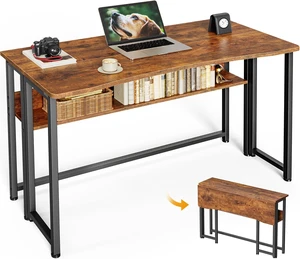 Folding Desk with Storage Shelf, 39.3 Inch Foldable Computer Table | Writing Work Office Computer Desk for Small Spaces, Space Saving Sofa Table for Couch, Easy to Fold, Rustic Brown Folding Desk with Storage Shelf, 39.3 Inch Foldable Computer Table | Writing Work Office Computer Desk for Small Spaces, Space Saving Sofa Table for Couch, Easy to Fold, Rustic Brown