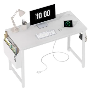 White Computer Desk with Power Outlet, 40 inch Simple Teen Study Table Home Office Work Writing Desks with Charging Station Outlets USB Port Built in, Storage PocketWhite White Computer Desk with Power Outlet, 40 inch Simple Teen Study Table Home Office Work Writing Desks with Charging Station Outlets USB Port Built in, Storage PocketWhite