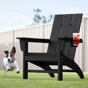 Modern Adirondack Chair with Cup Holder, HDPE Plastic Patio Chairs | Wood Texture Outdoor Chairs, Lawn Chairs for Deck, Porch, Backyard, Garden, Black Modern Adirondack Chair with Cup Holder, HDPE Plastic Patio Chairs | Wood Texture Outdoor Chairs, Lawn Chairs for Deck, Porch, Backyard, Garden, Black