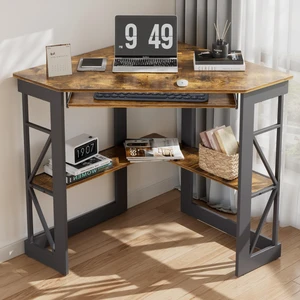 Corner Desk Computer Desk Writing Table with Smooth Keyboard Tray & Storage Shelves,Compact Home Office Triangle Table,Antique Brown Corner Desk Computer Desk Writing Table with Smooth Keyboard Tray & Storage Shelves,Compact Home Office Triangle Table,Antique Brown