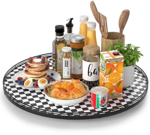24-Inch Black and White Checkerboard Lazy Susan Decorative Tray | Smooth rotating oak tray with walnut finish for dining tables, kitchen counters, pantries and cabinet storage. 24-Inch Black and White Checkerboard Lazy Susan Decorative Tray | Smooth rotating oak tray with walnut finish for dining tables, kitchen counters, pantries and cabinet storage.