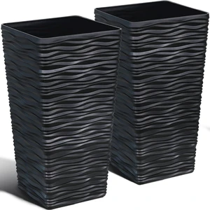Garden 2-Pack Black Tall Planter - Plastic Square Tapered Tree Plant Pots with Drainage Hole for Indoor Outdoor - 22" H Modern Wavy Finish Decorative Flower Pots for Front Porch Patio Deck Garden 2-Pack Black Tall Planter - Plastic Square Tapered Tree Plant Pots with Drainage Hole for Indoor Outdoor - 22" H Modern Wavy Finish Decorative Flower Pots for Front Porch Patio Deck