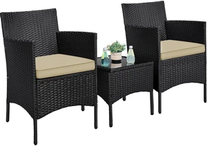 3 Pieces Patio Conversation Set, Outdoor Rattan Bistro Furniture, 2 Chairs with Cushions & 1 Side Table for Bistro/Porch/Garden/Deck/Courtyard, Black/Khaki 3 Pieces Patio Conversation Set, Outdoor Rattan Bistro Furniture, 2 Chairs with Cushions & 1 Side Table for Bistro/Porch/Garden/Deck/Courtyard, Black/Khaki