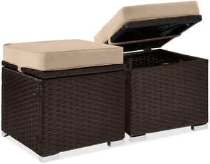 Set of 2 Wicker Ottomans, Multipurpose Outdoor Furniture for Patio, Backyard, Additional Seating, Footrest, Side Table w/Storage, Removable Cushions - Brown/Beige Set of 2 Wicker Ottomans, Multipurpose Outdoor Furniture for Patio, Backyard, Additional Seating, Footrest, Side Table w/Storage, Removable Cushions - Brown/Beige