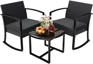 3 Pieces Outdoor Furniture Set Patio Bistro Rocking Chairs with Glass Coffee Table for Pool Beach Backyard Balcony Porch Deck Garden, Black 3 Pieces Outdoor Furniture Set Patio Bistro Rocking Chairs with Glass Coffee Table for Pool Beach Backyard Balcony Porch Deck Garden, Black