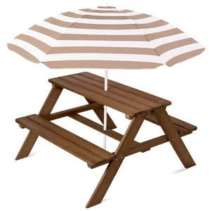 Wooden Kids Picnic Table with Umbrella, Outdoor Activity Table Set with Built-in Benches, 220 lb Capacity per Bench - Beige Wooden Kids Picnic Table with Umbrella, Outdoor Activity Table Set with Built-in Benches, 220 lb Capacity per Bench - Beige