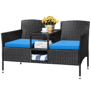 Outdoor Patio Loveseat Rattan 2-Seat Patio Conversation Set, Blue | Porch Furniture Wicker Bench with Cushions & Built-in Coffee Table for Garden Lawn Backyard Outdoor Patio Loveseat Rattan 2-Seat Patio Conversation Set, Blue | Porch Furniture Wicker Bench with Cushions & Built-in Coffee Table for Garden Lawn Backyard