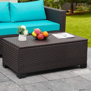 Outdoor Storage Table Wicker Patio Coffee Table All-Weather Wicker Side Table with Waterproof Cover, Brown Outdoor Storage Table Wicker Patio Coffee Table All-Weather Wicker Side Table with Waterproof Cover, Brown