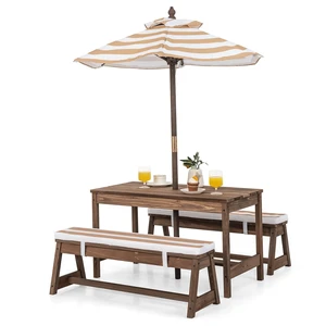 Kids Picnic Table, Outdoor Wooden Table & Bench Set w/Removable Cushions and Umbrella, Stripe Fabric, Children Backyard Furniture for Patio Garden, Gift for Toddler Boys Girls Age 3+(Coffee) Kids Picnic Table, Outdoor Wooden Table & Bench Set w/Removable Cushions and Umbrella, Stripe Fabric, Children Backyard Furniture for Patio Garden, Gift for Toddler Boys Girls Age 3+(Coffee)