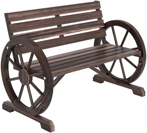 41" Wooden Wagon Wheel Bench Rustic Outdoor 2-Person Carbonized | Patio Bench, Weather Resistance Furniture, Slatted Seat with Backrest 41" Wooden Wagon Wheel Bench Rustic Outdoor 2-Person Carbonized | Patio Bench, Weather Resistance Furniture, Slatted Seat with Backrest