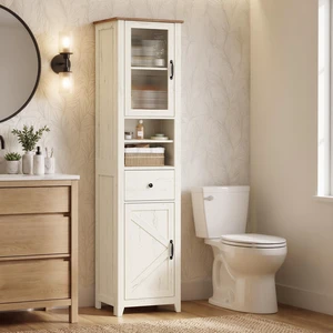 Tall Bathroom Cabinet, Narrow Space Saver, 15.7 x 12.4 x 67.3 inch | Farmhouse Freestanding Storage Cupboard with Drawer and Doors, Rustic White and Honey Brown, LIRY Collection UBBK760W101S Tall Bathroom Cabinet, Narrow Space Saver, 15.7 x 12.4 x 67.3 inch | Farmhouse Freestanding Storage Cupboard with Drawer and Doors, Rustic White and Honey Brown, LIRY Collection UBBK760W101S
