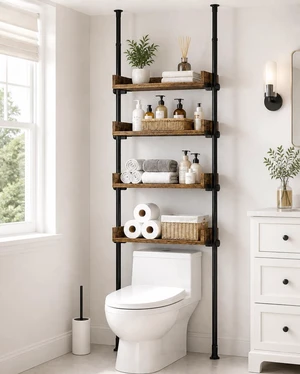 Tension Over The Toilet Storage Cabinet, No-Drill, Fits 92-116 in. | 4 Height-Adjustable Shelves for Bathroom Organizers, Fits Narrow Toilet Spaces, Slim Design Leaves Room for Plumbing, Brown Tension Over The Toilet Storage Cabinet, No-Drill, Fits 92-116 in. | 4 Height-Adjustable Shelves for Bathroom Organizers, Fits Narrow Toilet Spaces, Slim Design Leaves Room for Plumbing, Brown