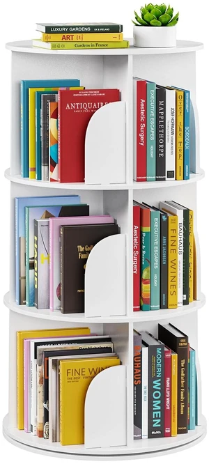 3 Tier Rotating Bookshelf Tower, Spinning Bookcase Lazy Susan, Revolving 360 Book Shelf Storage Round Carousel, Vertical Rotate Turning Spiral Corner Organizer, White 3 Tier Rotating Bookshelf Tower, Spinning Bookcase Lazy Susan, Revolving 360 Book Shelf Storage Round Carousel, Vertical Rotate Turning Spiral Corner Organizer, White