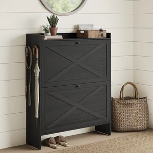 Narrow Shoe Storage Cabinet Organizer with 2 Flip Drawers | Freestanding Shoe Rack, Fits 14 to 16 Pairs, for Entryway, Farmhouse Style, Smoky Black, HAINS Collection UHSC203BJ01S Narrow Shoe Storage Cabinet Organizer with 2 Flip Drawers | Freestanding Shoe Rack, Fits 14 to 16 Pairs, for Entryway, Farmhouse Style, Smoky Black, HAINS Collection UHSC203BJ01S