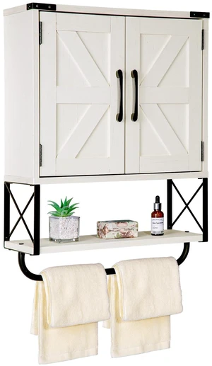 Farmhouse Medicine Cabinet with 2 Barn Door & Towel Bar Rack | Boho Wood Wall Mounted Storage Cabinet with Adjustable Shelf, 3-Tier Above Toilet Cabinet for Bathroom, Laundry, Living Room Farmhouse Medicine Cabinet with 2 Barn Door & Towel Bar Rack | Boho Wood Wall Mounted Storage Cabinet with Adjustable Shelf, 3-Tier Above Toilet Cabinet for Bathroom, Laundry, Living Room