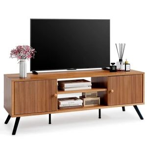 TV Stand for Living Room, Mid Century Modern Entertainment Center for 55/60/65 Inch TVs, Retro Brown TV Console with Fluted Door Cabinets and Open Adjustable Shelve Storage for Bedroom TV Stand for Living Room, Mid Century Modern Entertainment Center for 55/60/65 Inch TVs, Retro Brown TV Console with Fluted Door Cabinets and Open Adjustable Shelve Storage for Bedroom