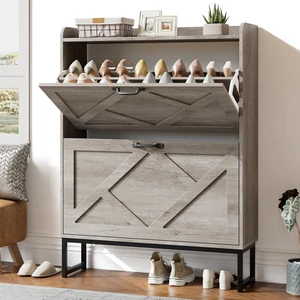 Shoe Storage Cabinet with 2 Flip Drawers, Entryway Organizer, Gray | Slim Shoe Cabinet with Metal Legs, Narrow Farmhouse Shoe Organizer for Entryway, Foyer, Hallway, Wood Shoe Rack with Hook Shoe Storage Cabinet with 2 Flip Drawers, Entryway Organizer, Gray | Slim Shoe Cabinet with Metal Legs, Narrow Farmhouse Shoe Organizer for Entryway, Foyer, Hallway, Wood Shoe Rack with Hook