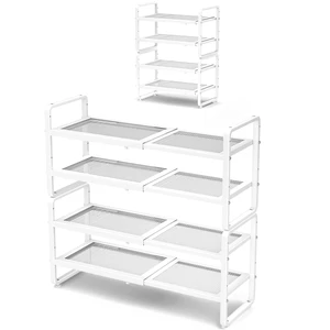 Expandable Metal Shoe Rack for Closet, Entryway & Garage, 4-Tier, White | Adjustable Height for Boots, Stackable Design, Dense Mesh Shelves for Heels, Fits Small Spaces, Apartments and Rentals Expandable Metal Shoe Rack for Closet, Entryway & Garage, 4-Tier, White | Adjustable Height for Boots, Stackable Design, Dense Mesh Shelves for Heels, Fits Small Spaces, Apartments and Rentals