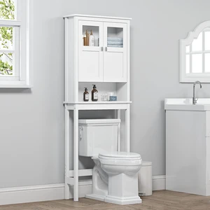 Bathroom Over the Toilet Storage Cabinet with Glass Doors, White | Toilet Organizer with Adjustable Shelf, Anti-tipping Device, Wood, Elegant Modern Design, Space Saver for Tight Spaces Bathroom Over the Toilet Storage Cabinet with Glass Doors, White | Toilet Organizer with Adjustable Shelf, Anti-tipping Device, Wood, Elegant Modern Design, Space Saver for Tight Spaces