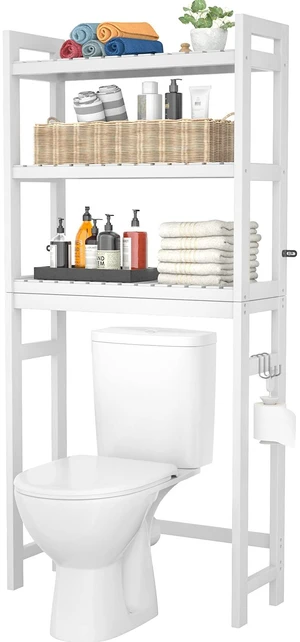 Over The Toilet Storage, 3-Tier Bamboo Bathroom Shelf, White | Above Toilet Storage with 3 Hooks, Freestanding Bathroom Rack Organizer, Behind Toilet Shelf for Small Spaces, Towel Shelves Over The Toilet Storage, 3-Tier Bamboo Bathroom Shelf, White | Above Toilet Storage with 3 Hooks, Freestanding Bathroom Rack Organizer, Behind Toilet Shelf for Small Spaces, Towel Shelves