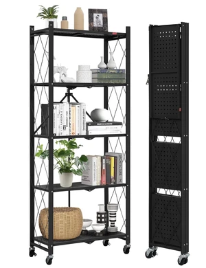 5-Shelf Folding Bookcase with Wheels, Rolling Bookshelf Heavy Duty Storage Shelves, Freestanding Metal Wire Shelving Unit for Living Room, Office, Kitchen, Basement, Pantry (Black) 5-Shelf Folding Bookcase with Wheels, Rolling Bookshelf Heavy Duty Storage Shelves, Freestanding Metal Wire Shelving Unit for Living Room, Office, Kitchen, Basement, Pantry (Black)
