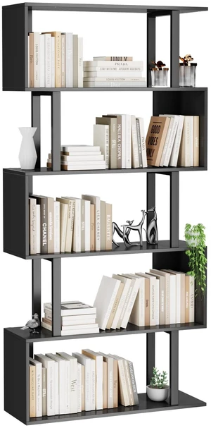 5-Tier Geometric Bookcase,S Shaped Bookshelf, Wood Decorative Storage Shelving, Modern Freestanding Display Shelves, Tall Book Shelf Unit for Living Room Bedroom, Black 5-Tier Geometric Bookcase,S Shaped Bookshelf, Wood Decorative Storage Shelving, Modern Freestanding Display Shelves, Tall Book Shelf Unit for Living Room Bedroom, Black
