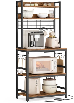 Bakers Rack with Power Outlet, 23.6 Inches Microwave Stand | Kitchen Storage Shelf, Metal Wire Panel, 23.6 x 15.7 x 66.9 Inches, Rustic Brown and Black, BARNET Collection UKKS037B01 Bakers Rack with Power Outlet, 23.6 Inches Microwave Stand | Kitchen Storage Shelf, Metal Wire Panel, 23.6 x 15.7 x 66.9 Inches, Rustic Brown and Black, BARNET Collection UKKS037B01