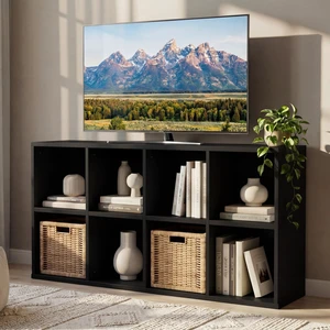 Modern TV Stand with 8 Open Shelves for TVs up to 55 Inch, Black | Mid Century Entertainment Center for 32/43/50/55 Inchs TVs, 8 Open Adjustable Shelves, Media Console for Living Room Modern TV Stand with 8 Open Shelves for TVs up to 55 Inch, Black | Mid Century Entertainment Center for 32/43/50/55 Inchs TVs, 8 Open Adjustable Shelves, Media Console for Living Room