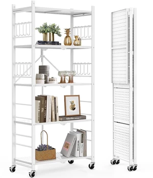5-Tier Foldable Storage Shelves 20 Hooks Wheels White No Assembly | Folding shelving units, Metal collapsible organization, Wire rack, Unit rolling cart, Bookshelf, Kitchen, Home, Holds 440 Ibs 5-Tier Foldable Storage Shelves 20 Hooks Wheels White No Assembly | Folding shelving units, Metal collapsible organization, Wire rack, Unit rolling cart, Bookshelf, Kitchen, Home, Holds 440 Ibs